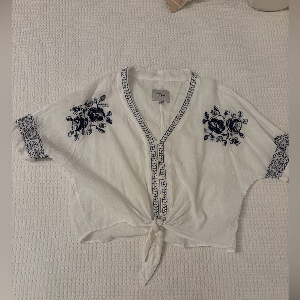 Rails White and Navy Floral Embroidered Blouse
